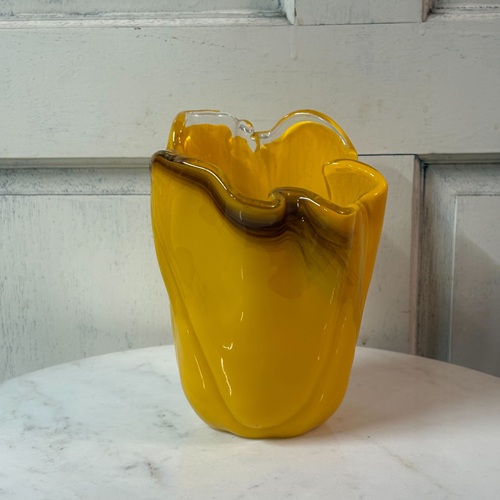 花器　イエローｘブラウン　ヴィンテージアートガラス