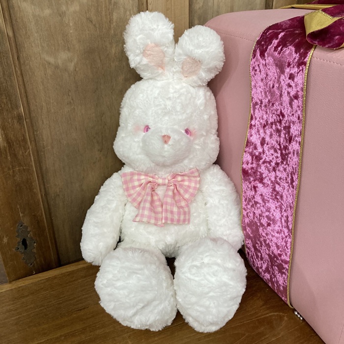 ヌイグルミ　ウサギ　ホワイトⅹピンクチェックリボン